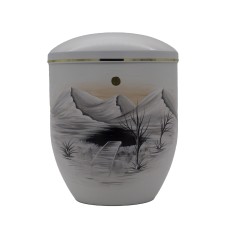 Urna fém fehér kézzel festett tájképpel Urna fém fehér kézzel festett tájképpel