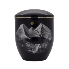 Urna fém fekete kézzel festett tájképpel Urna fém fekete kézzel festett tájképpel