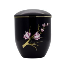 Urna fém fekete kézzel festett magnóliával Urna fém fekete kézzel festett magnóliával