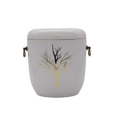 Urna kerámia mázas fehér életfa mintával fém füllel