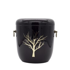 Urna kerámia mázas fekete életfa mintával fém füllel