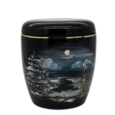 Urna kerámia kézzel festett tájkép mintával fekete színben Urna kerámia kézzel festett tájkép mintával fekete színben