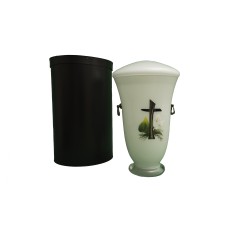 Üvegopál urna kereszt mintával fehér színben fém keszonnal Üvegopál urna kereszt mintával fehér színben fém keszonnal